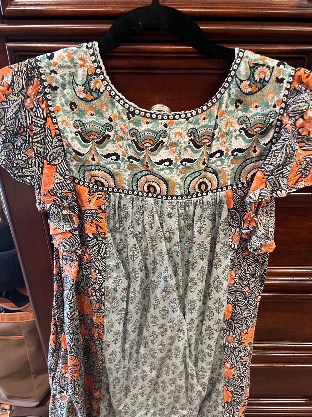 Anthropologie Mixed Floral Boho Tunic Dress in Orange & Sage - Picture 4 of 5